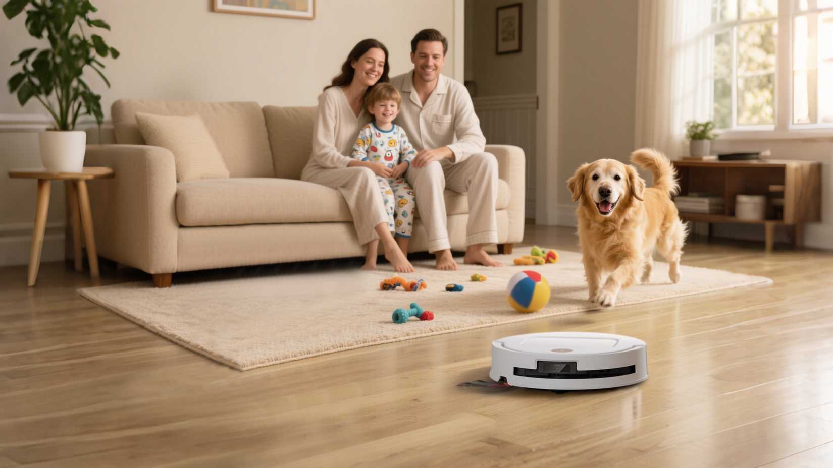YEEDI M14 Plus robot vacuum in a room with a family.
