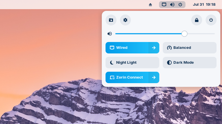 A screenshot showing Zorin OS Pro System indicators.