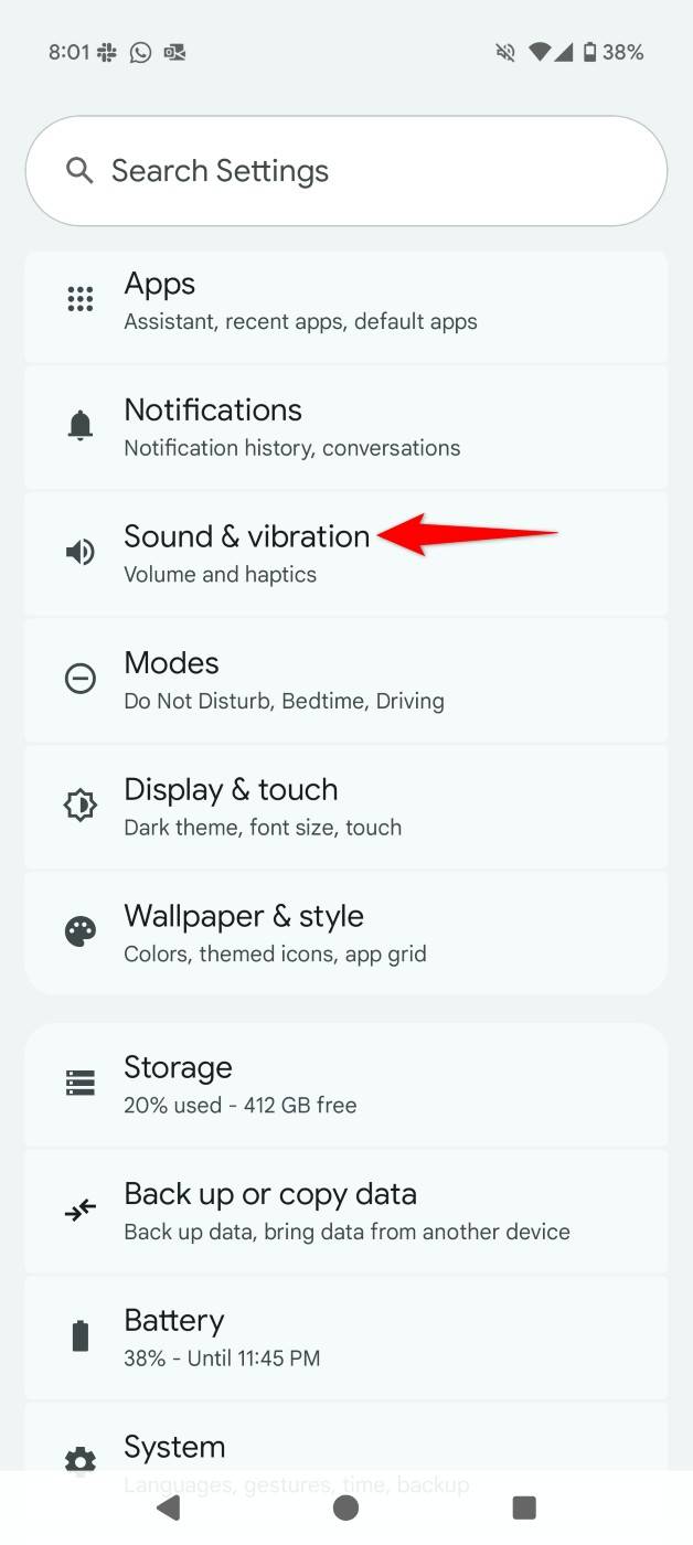 "Sound & Vibration" highlighted in Android Settings.