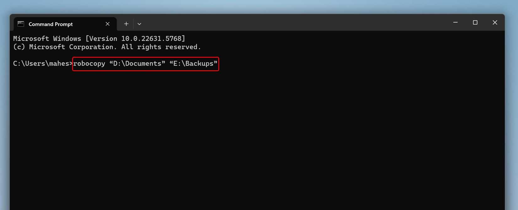 A Robocopy command to copy files typed in Command Prompt.