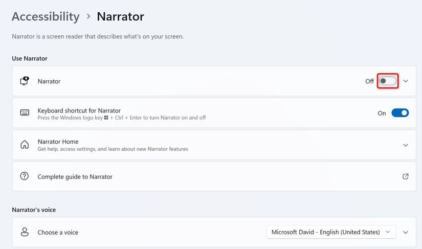 "Narrator" highlighted in Windows 11 Settings.