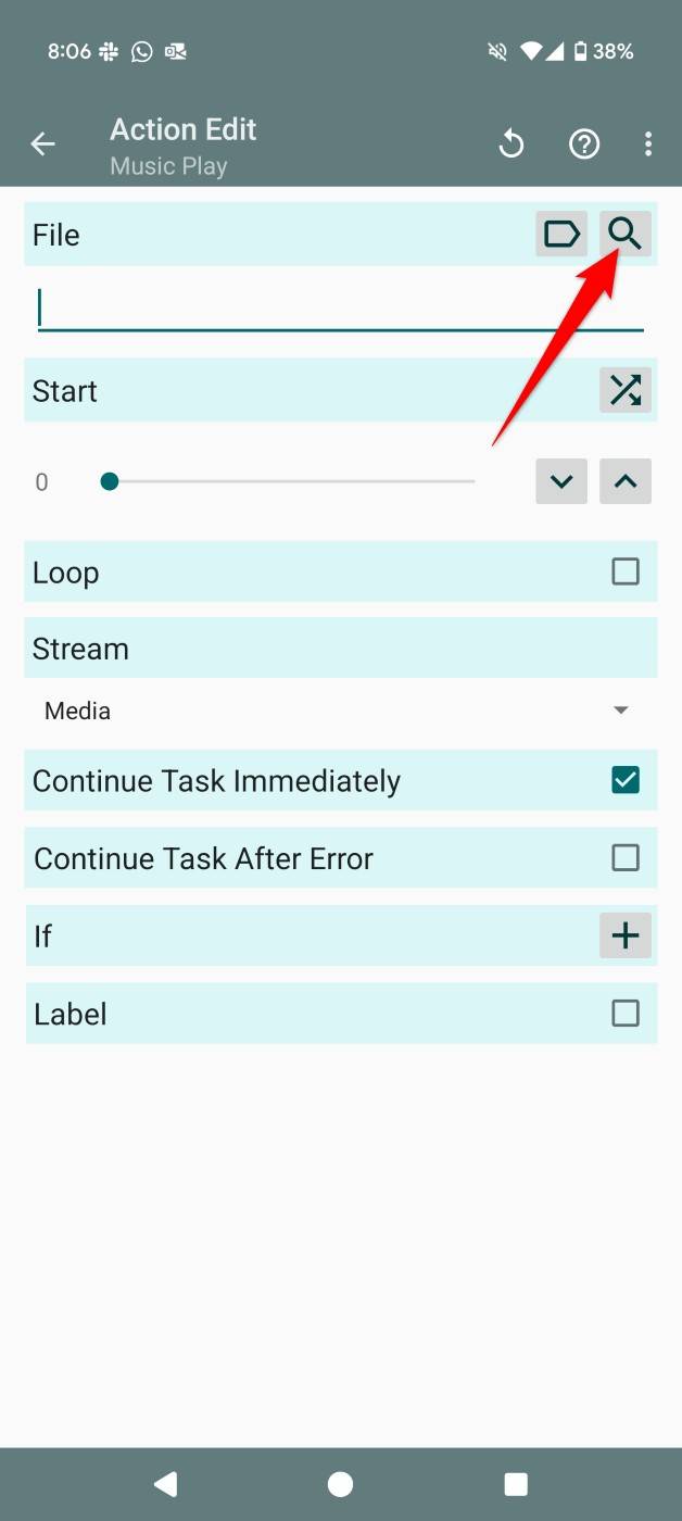 The search icon highlighted on the "Action Edit" page in Tasker.