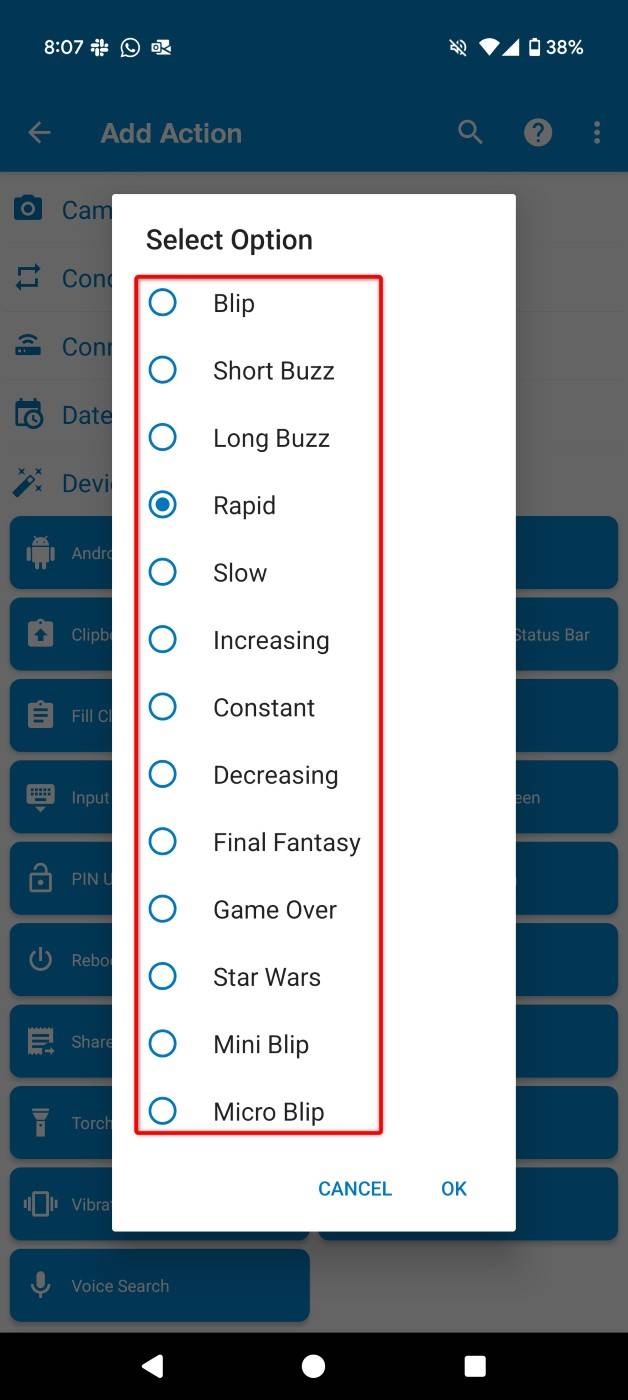 Vibration types highlighted in MacroDroid.