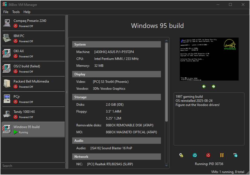 O novo gerenciador de máquina integrado 86Box com várias máquinas e suas especificações listadas.