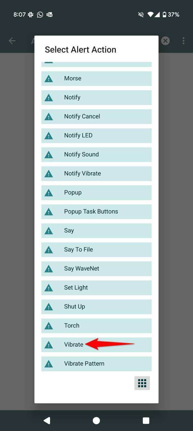 "Vibrate" highlighted in a prompt in Tasker.