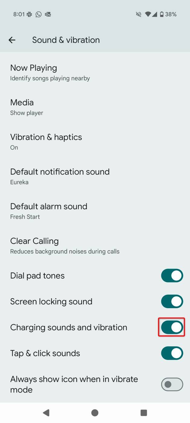"Charging Sounds and Vibration" highlighted in Android Settings.