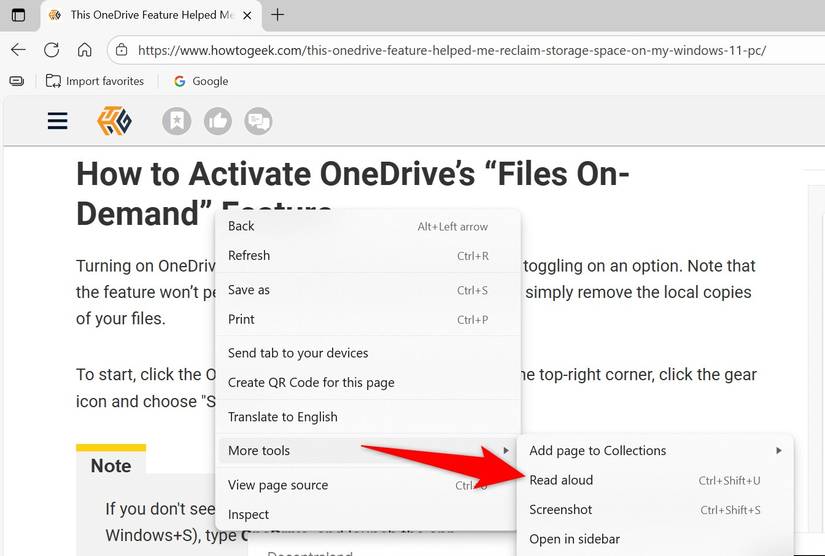 More Tools > Read Aloud highlighted in Microsoft Edge.