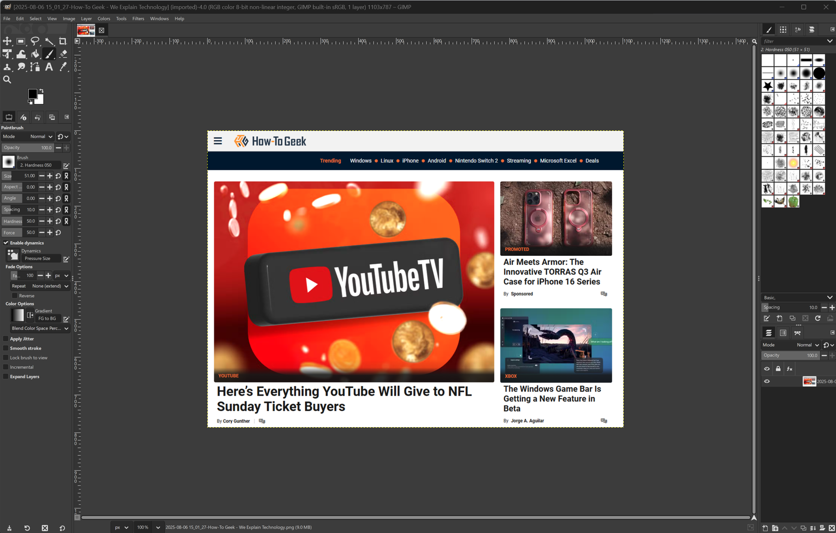 A screenshot of the open-source image editing app GIMP. The main canvas has an image of the howtogeek.com homepage.