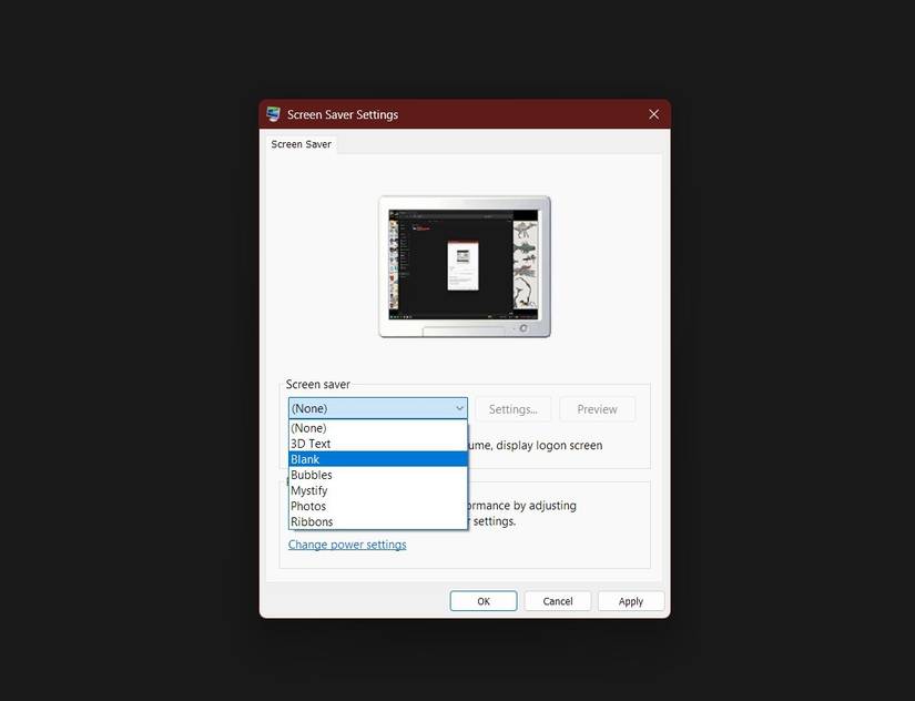 Screen Saver Settings in Windows 11.