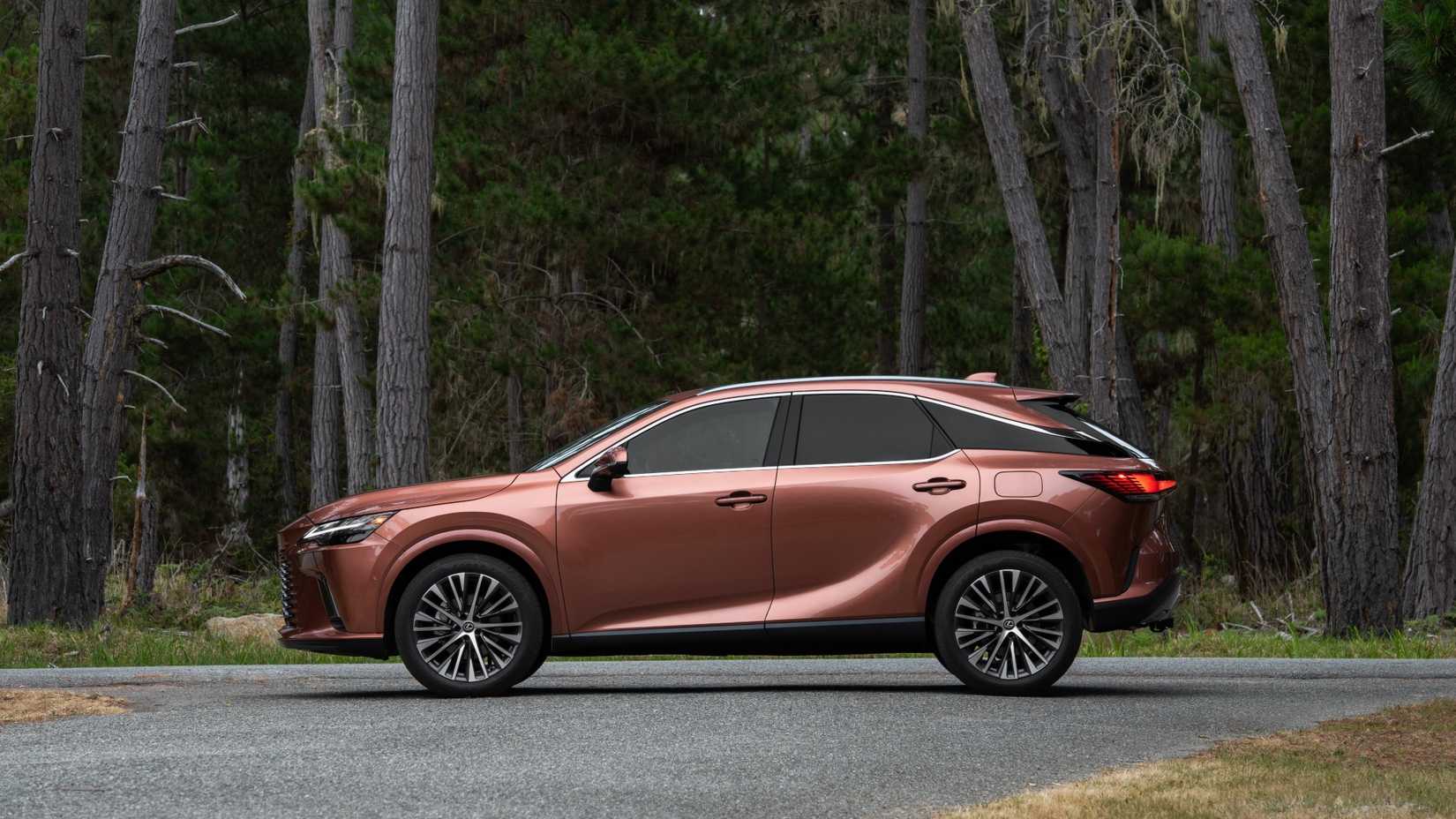 Static side profile shot of a bronze 2025 Lexus RX.