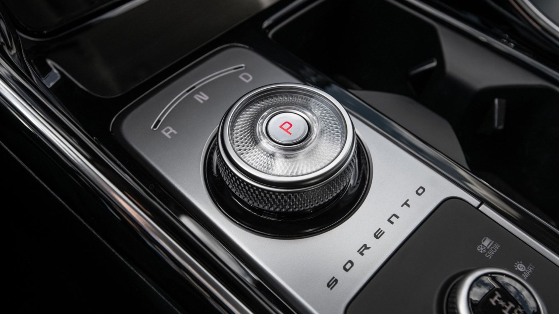 Close-up shot of the gear selector in a 2025 Kia Sorento Hybrid.