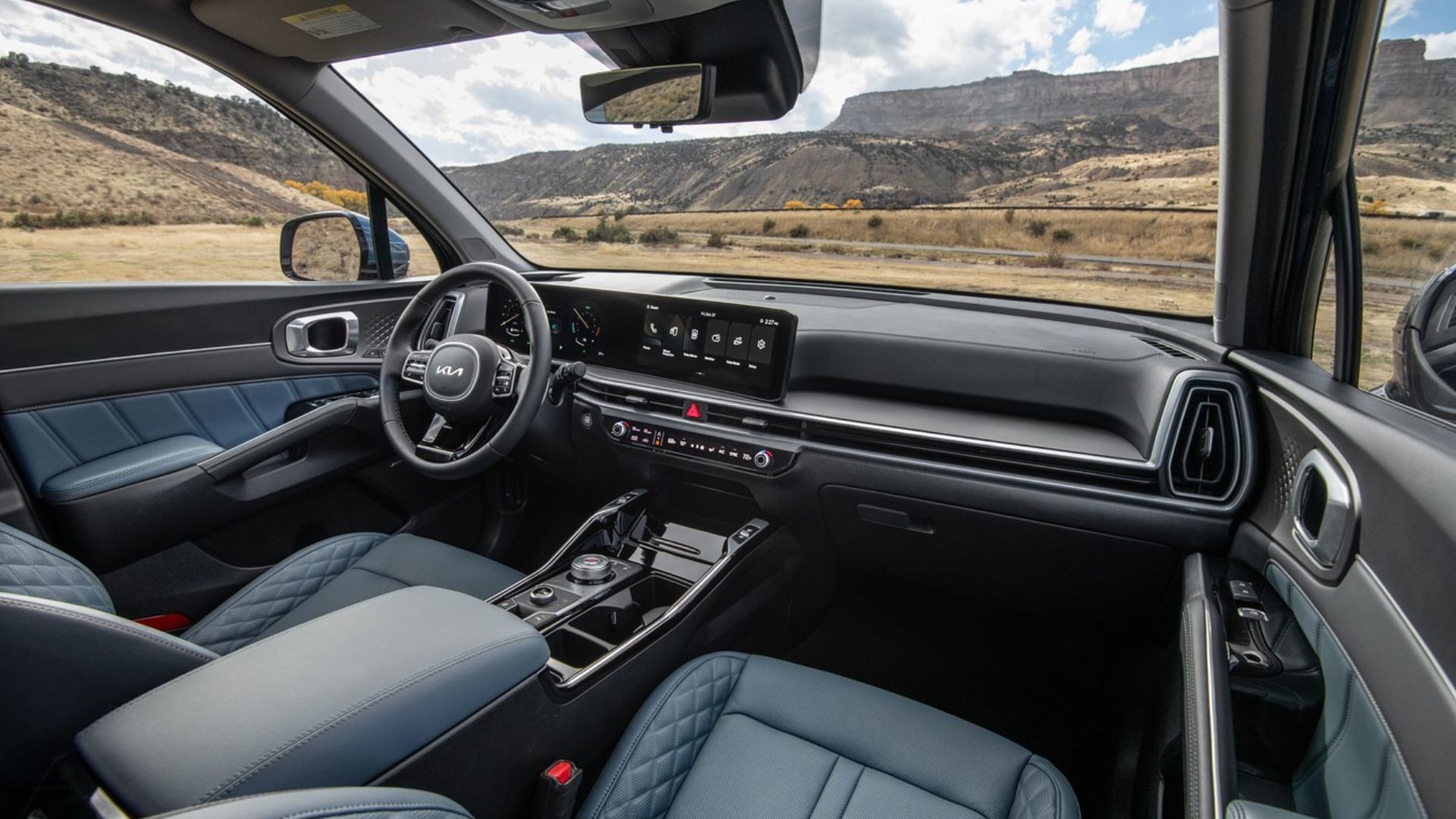 Shot inside the cabin of a 2025 Kia Sorento Hybrid showing the interior.