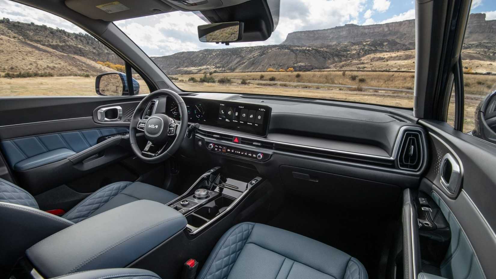 Shot inside the cabin of a 2025 Kia Sorento Hybrid showing the interior.