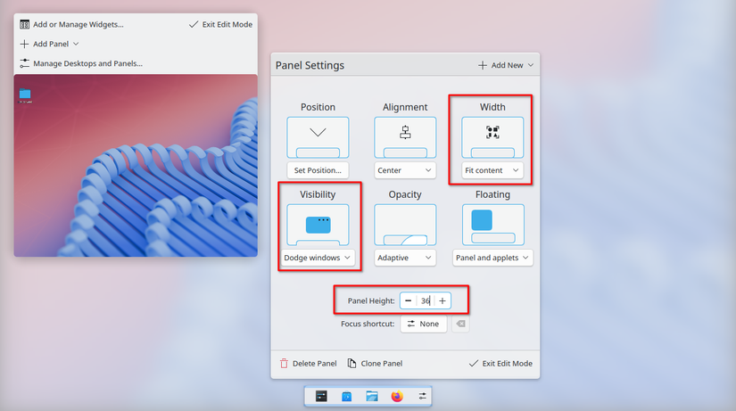 KDE Plasma panel settings for the App Dock panel.