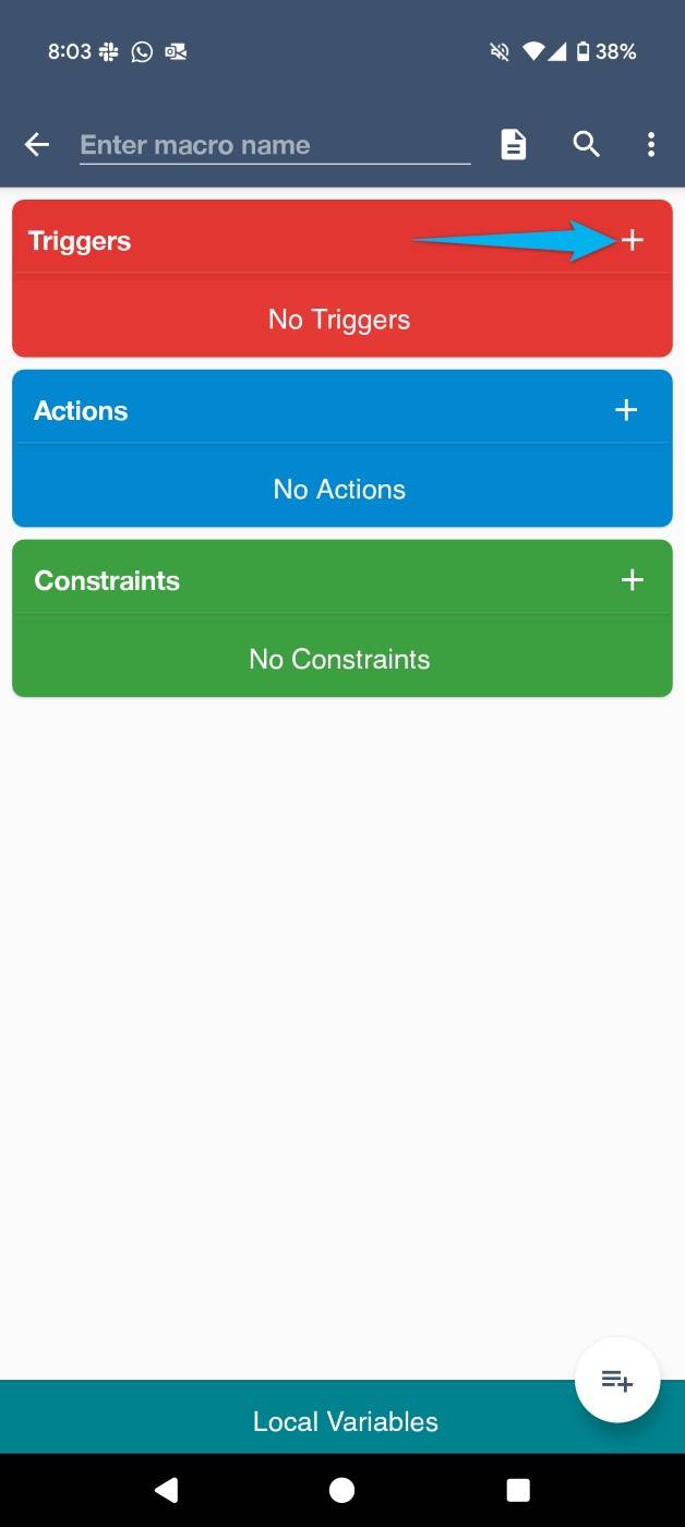 The + (plus) sign highlighted for a new trigger in MacroDroid.