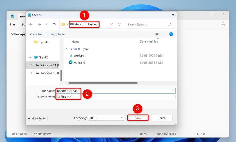 Various options highlighted on NotePad's "Save as" window.