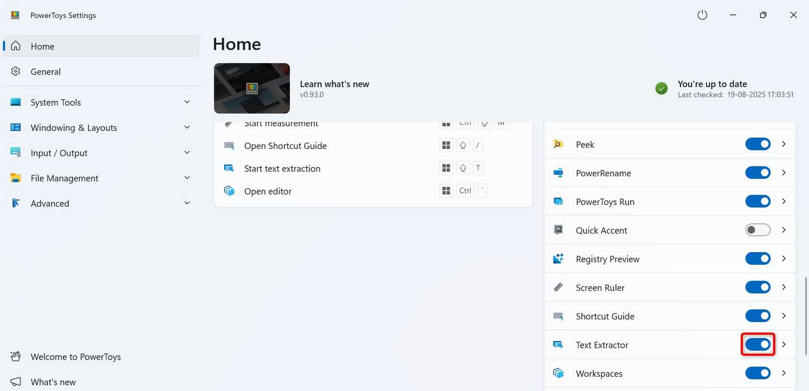 "Text Extractor" highlighted in PowerToys.