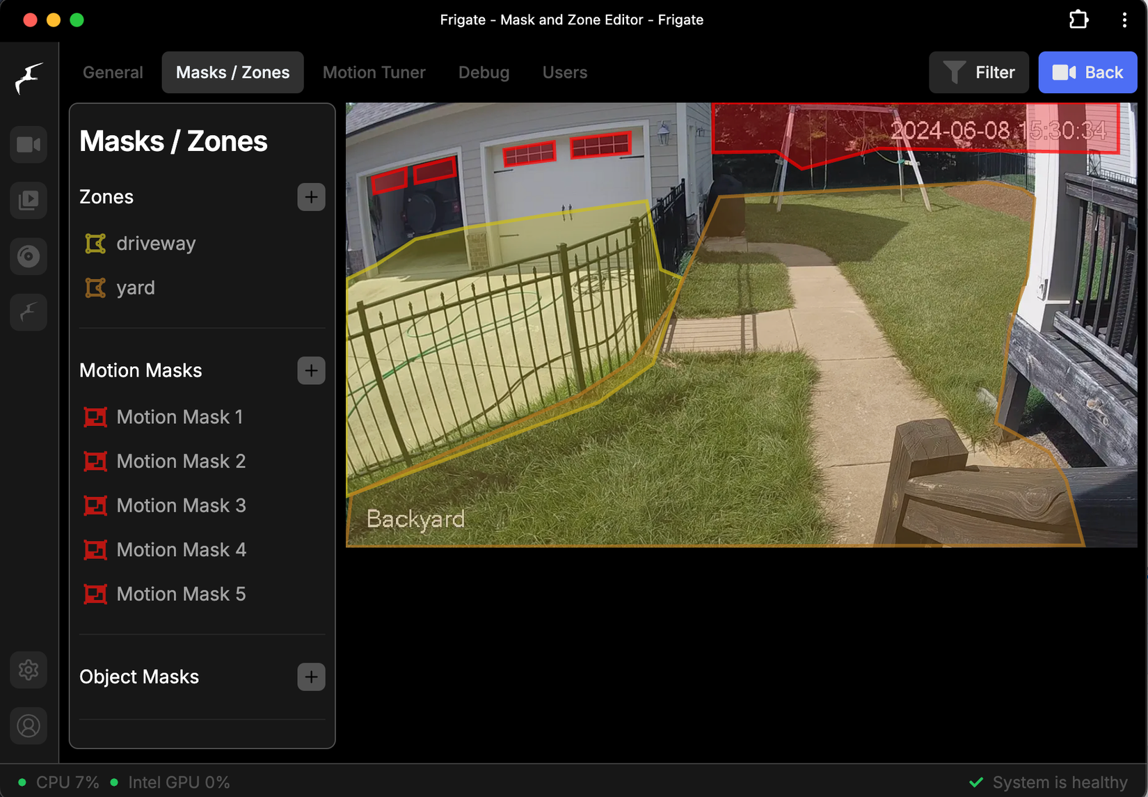 Máscara integrada e editor de zona no Frigate