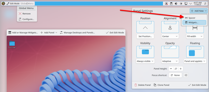 Adding a Spacer and moving widget placement in the KDE Plasma panel.