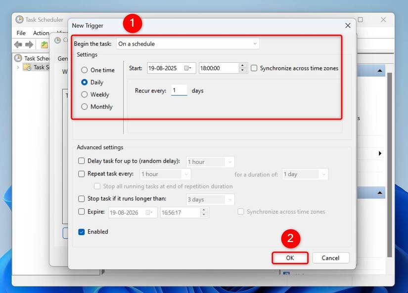 Different schedule options that are highlighted on tasks schedule "The new trigger" window.