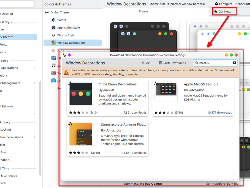Installing macOS window decoration to change the window buttons on KDE Plasma.
