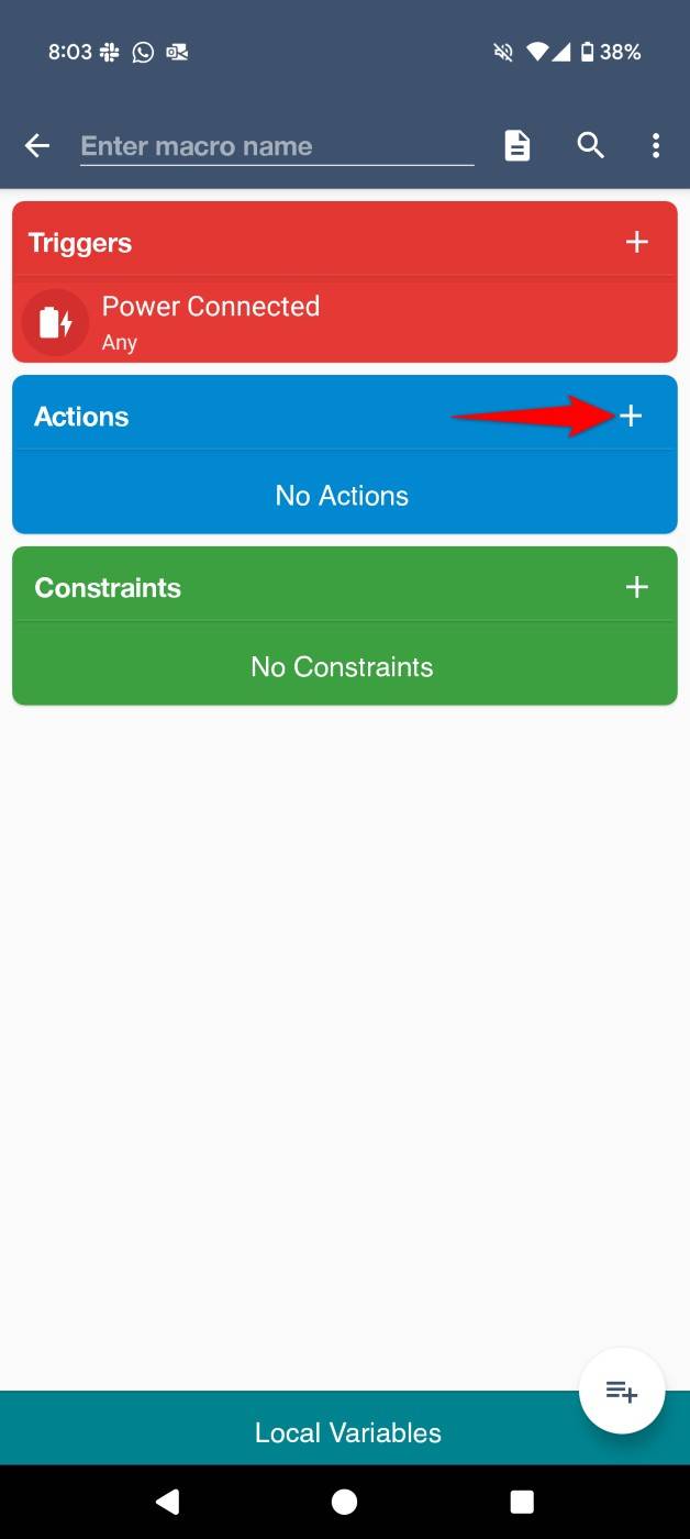 The + (plus) sign highlighted for a new action in MacroDroid.