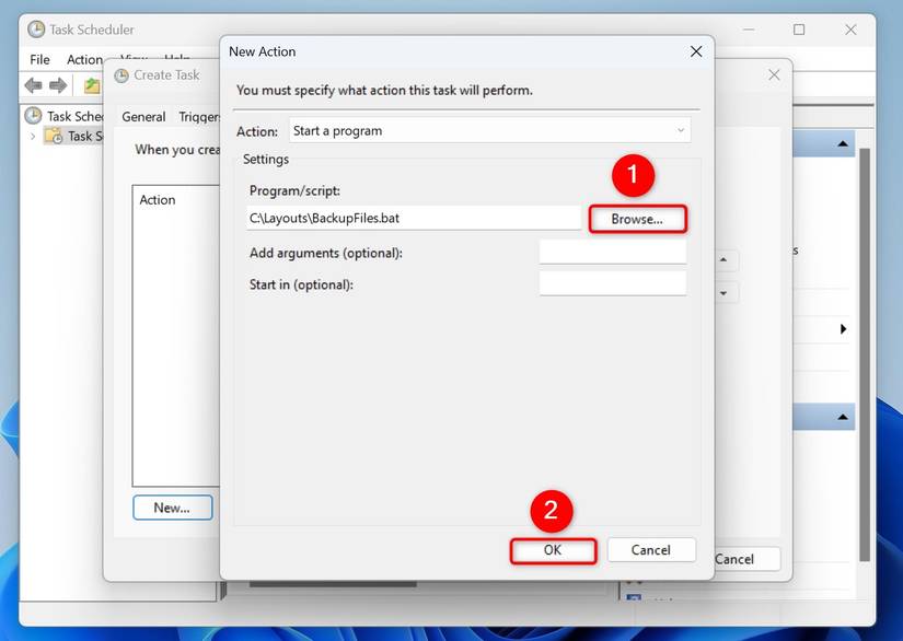 "browse" and "Yes" The most prominent tasks scheduling "New work" window.
