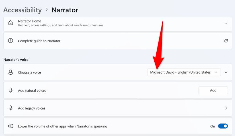 "Choose a Voice" for Narrator highlighted in Windows 11 Settings.