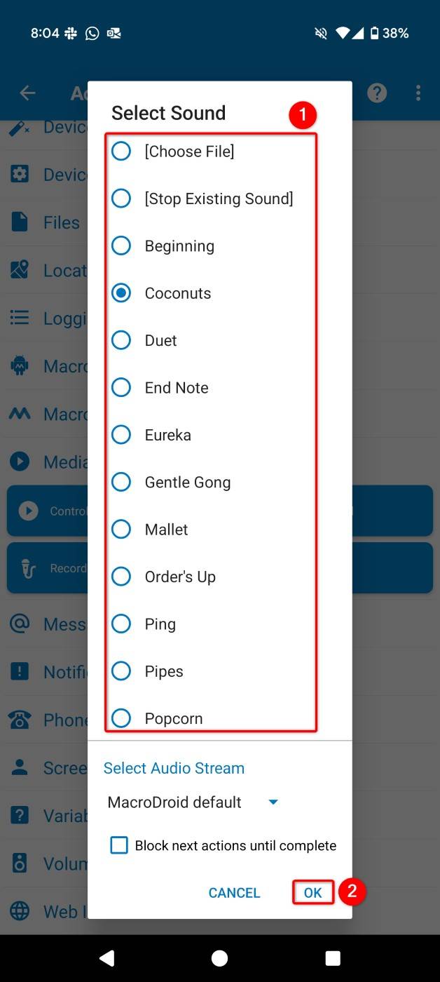 Multiple sounds and "OK" highlighted in a prompt in MacroDroid.