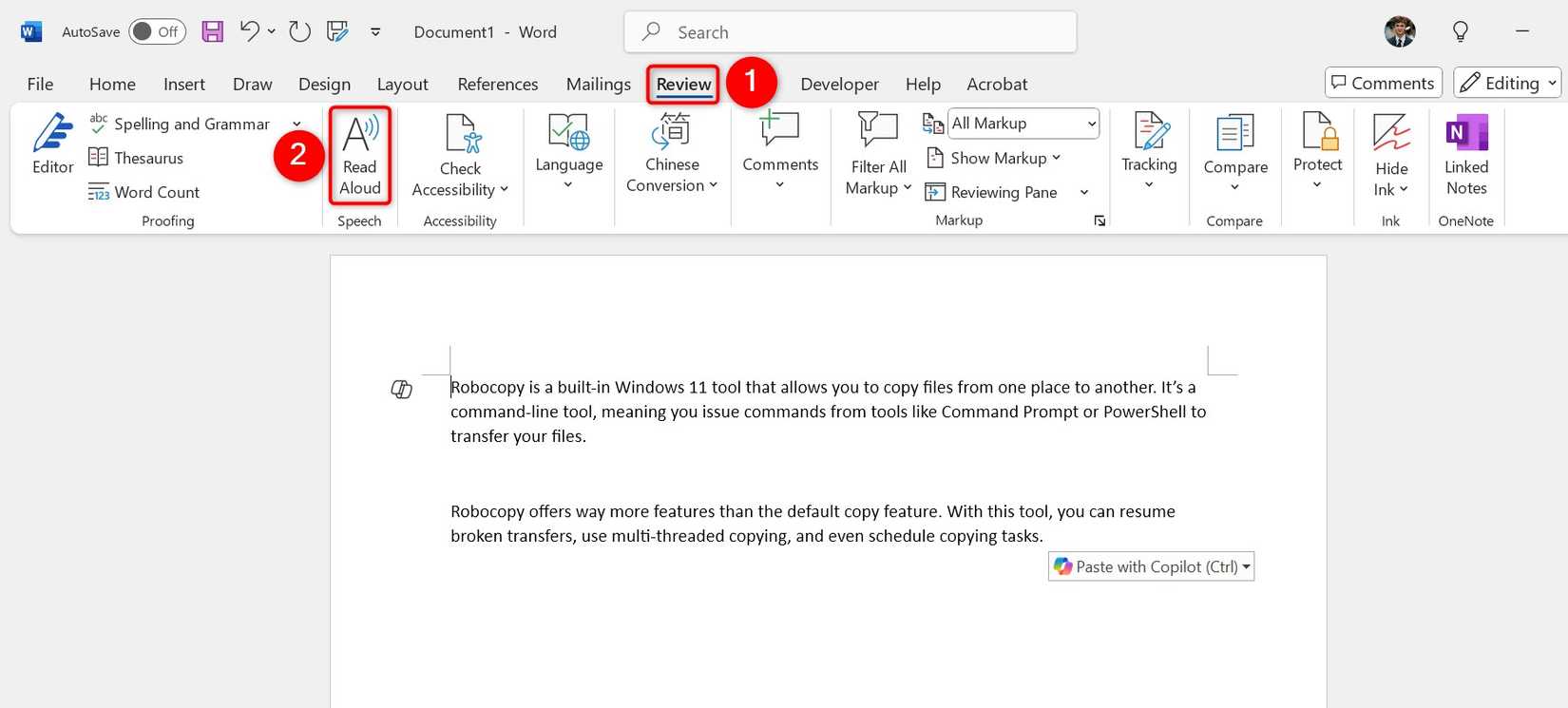 "Review" and "Read Aloud" highlighted in Microsoft Word.