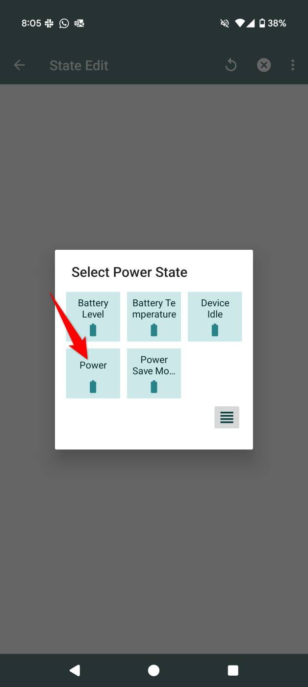 "Power" highlighted in a prompt in Tasker.