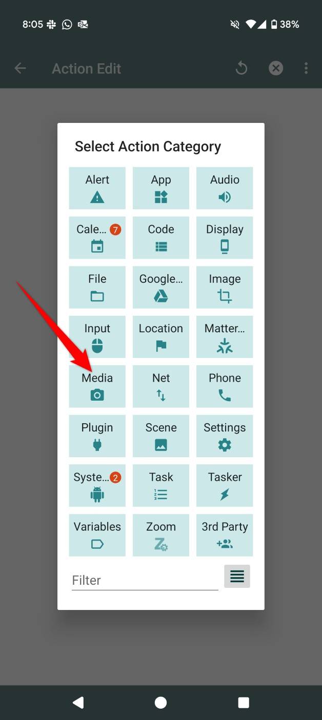 "Media" highlighted in a prompt in Tasker.