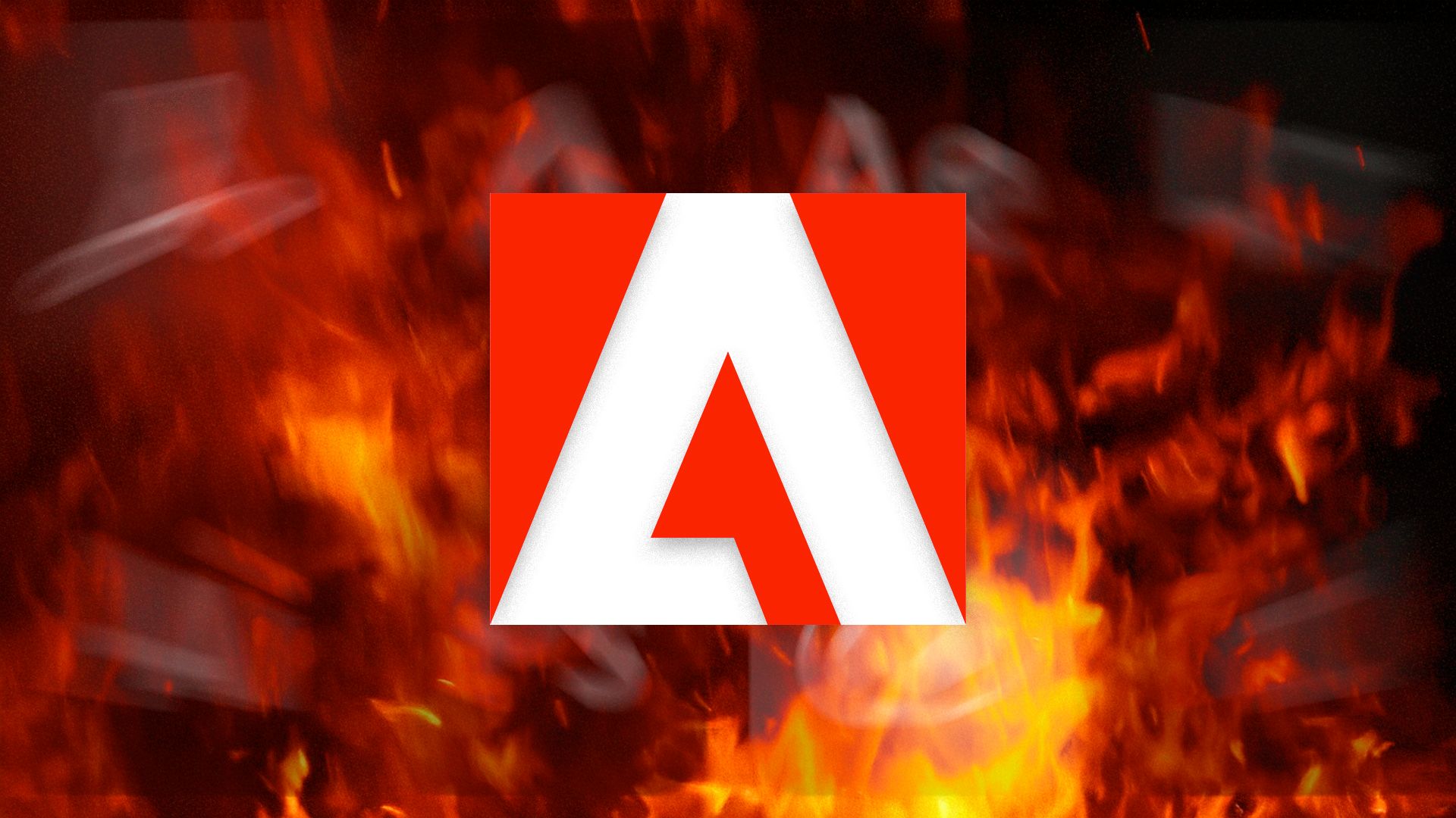 The Adobe logo surrounded by fire and backed by the ghostly impression of several Adobe apps. 