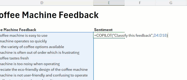 A COPILOT formula typed into cell E4 that commands Excel to classify coffee machine feedback in cells D4 to D18.