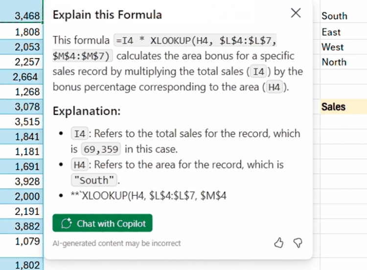 A formula explanation in Microsoft Excel, generated using Copilot.