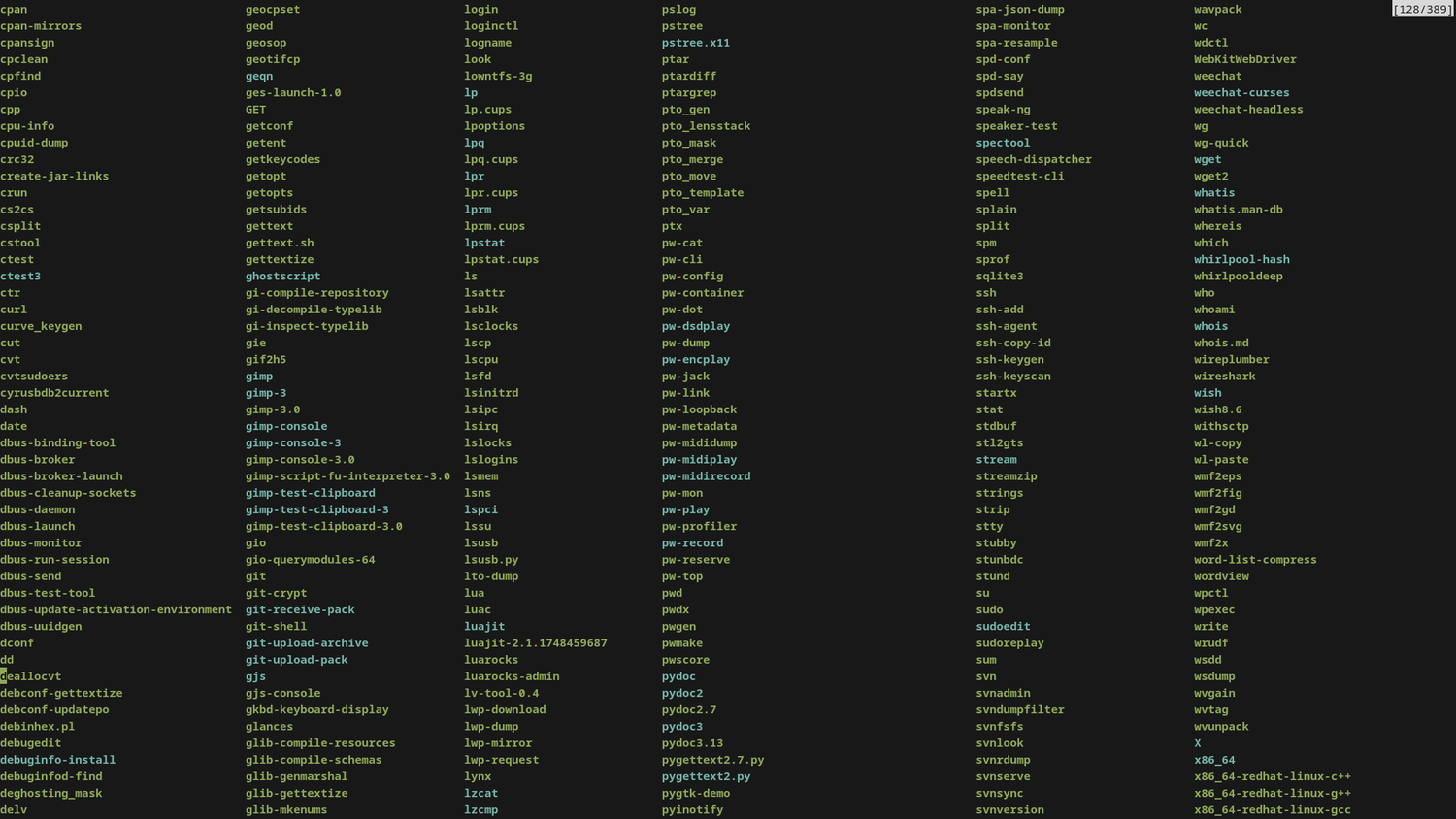 A Linux terminal window showing hundreds of utility files from the bin directory, with filenames listed one after another in columns across the screen.