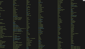 A Linux terminal window showing hundreds of utility files from the bin directory, with filenames listed one after another in columns across the screen.