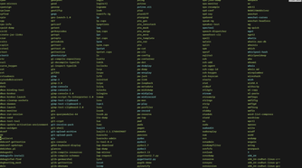 A Linux terminal window showing hundreds of utility files from the bin directory, with filenames listed one after another in columns across the screen.
