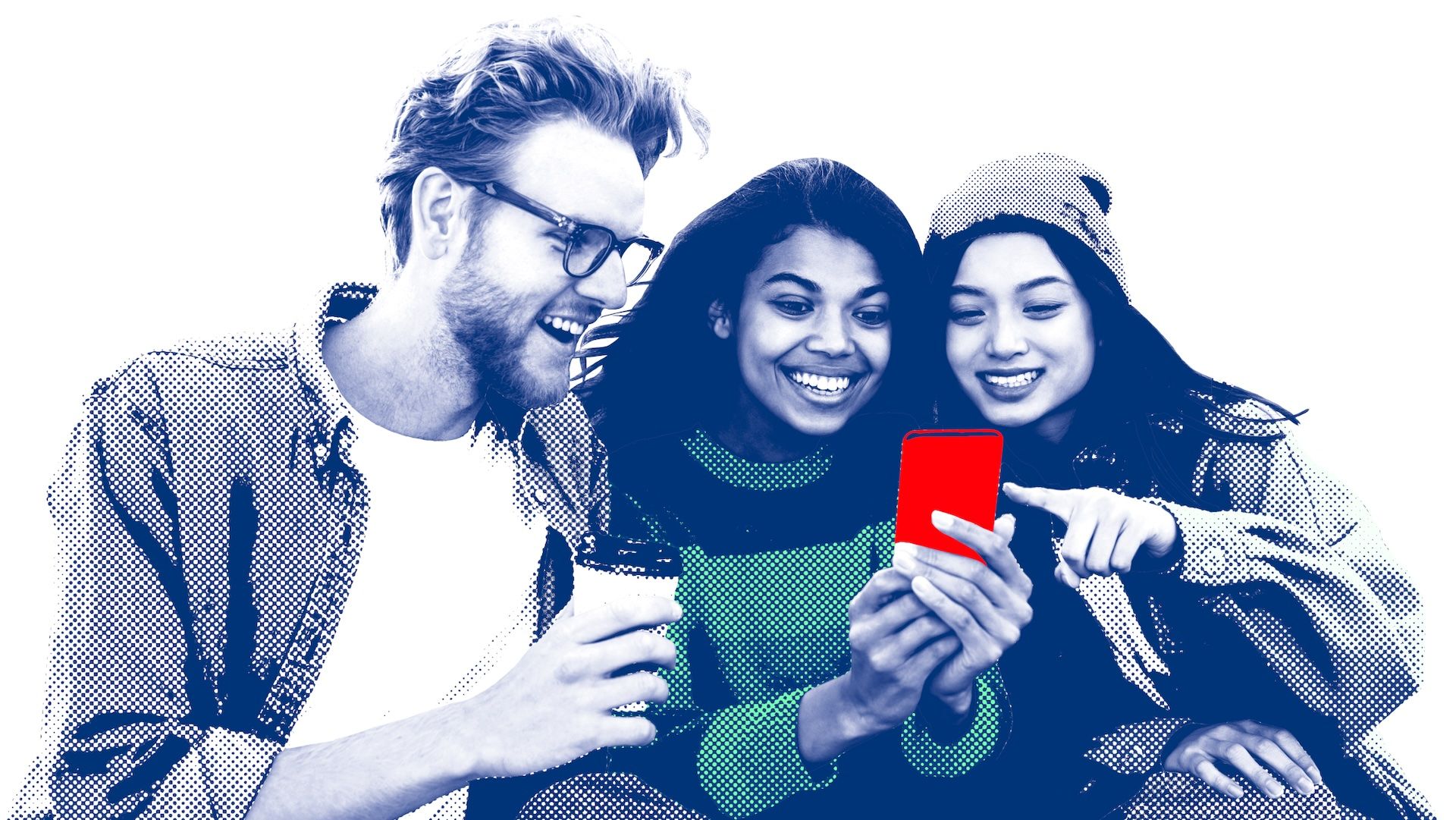 A man and a woman look on as another woman looks at her phone.