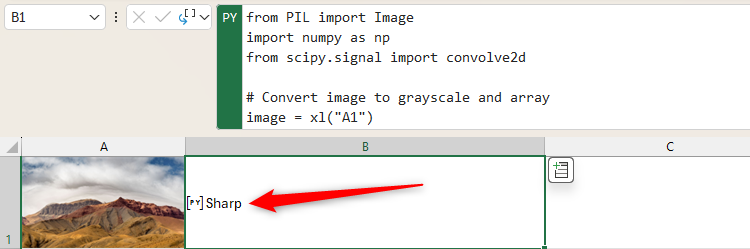 A Python code in Excel analyses an image and returns the word 'Sharp.'