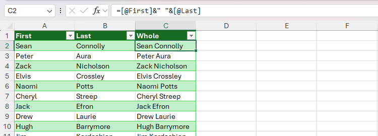 Ampersands and double quotation marks are used in Excel to join first names and last names.