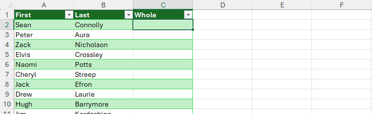 An Excel table with first names in column A, last names in column B, and a blank column C where the first and last names will be joined together.