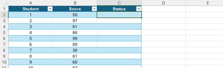 An Excel table with student IDs in column A, scores in column B, and a blank column C headed 'Status.'