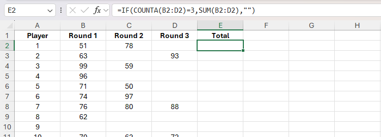 An IF formula in Excel returns a blank cell because there is a blank cell in the referenced range.