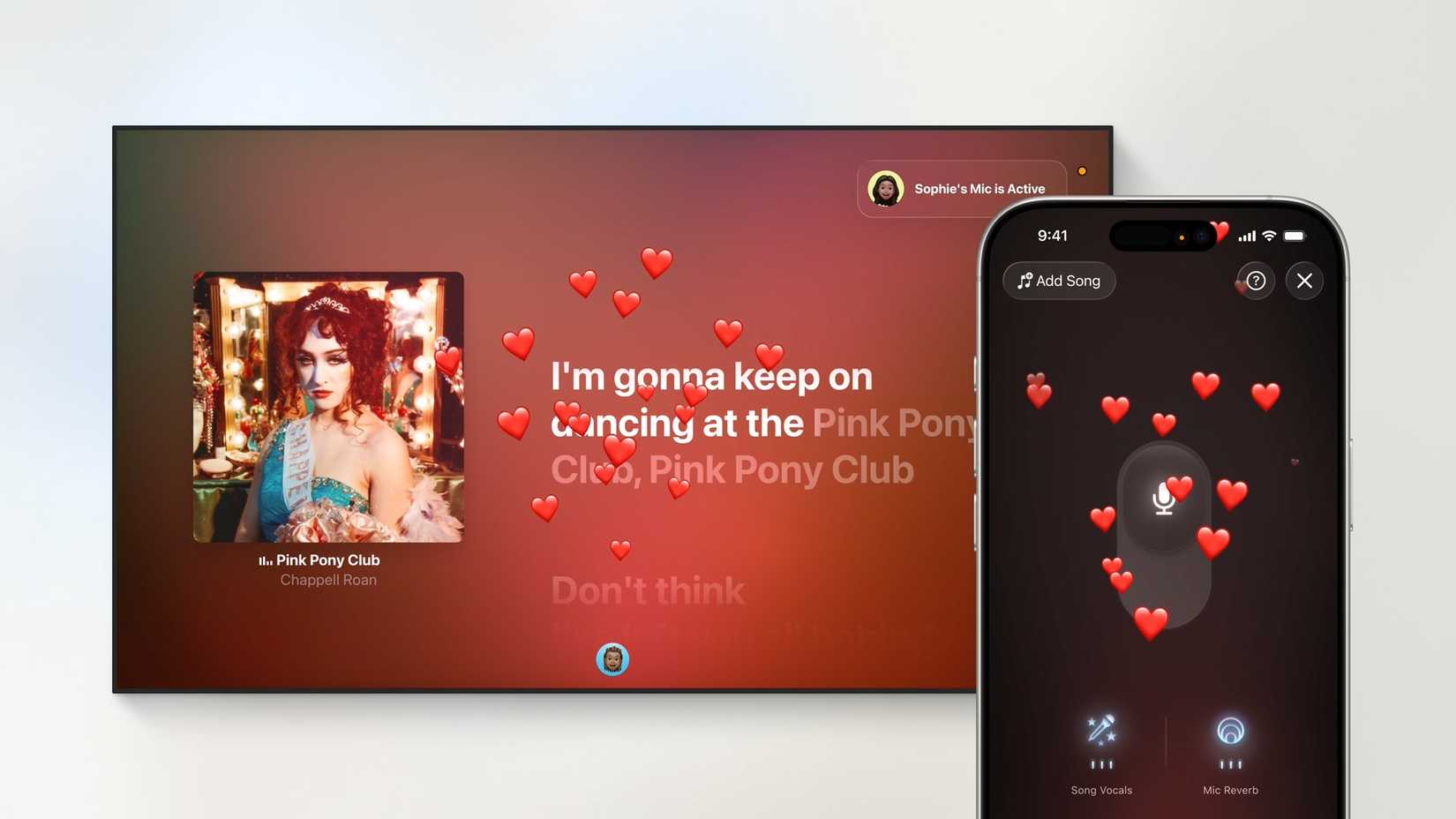 Apple TV e iPhone no modo de karaokê, com uma reação emoji de amor produzindo corações animados.