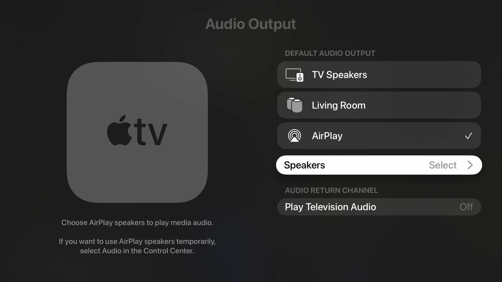 Definindo saída de áudio da Apple TV para alto -falantes de airplay.