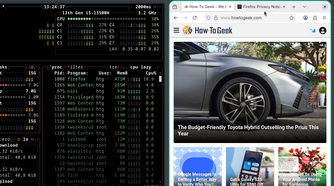 CachyOS with Niri window manager showing btop and Firefox open.