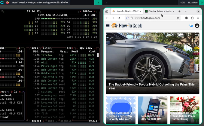 CachyOS with Niri window manager showing btop and Firefox open.