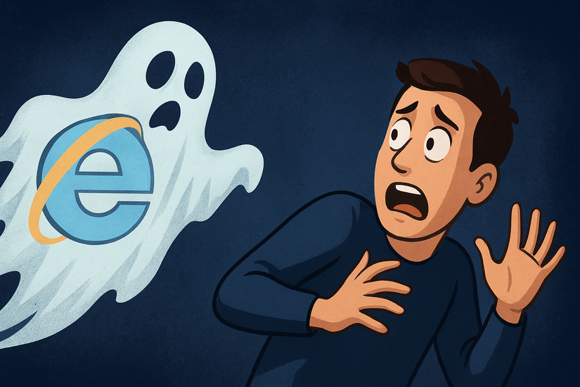 The ghost of Internet Explorer chases a frightened man.
