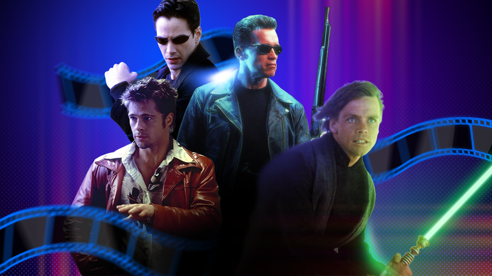 Collage of iconic characters from Fight Club, The Matrix, Terminator, and Star Wars, with film reels in the background.
